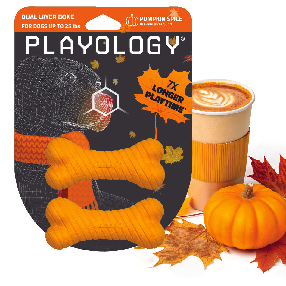 
                  
                    Orange bone-shaped dog toy with pumpkin spice scent, Playology brand packaging, next to a pumpkin, autumn leaves, and a latte with leaf latte art. For small dogs up to 25 lbs.
                  
                